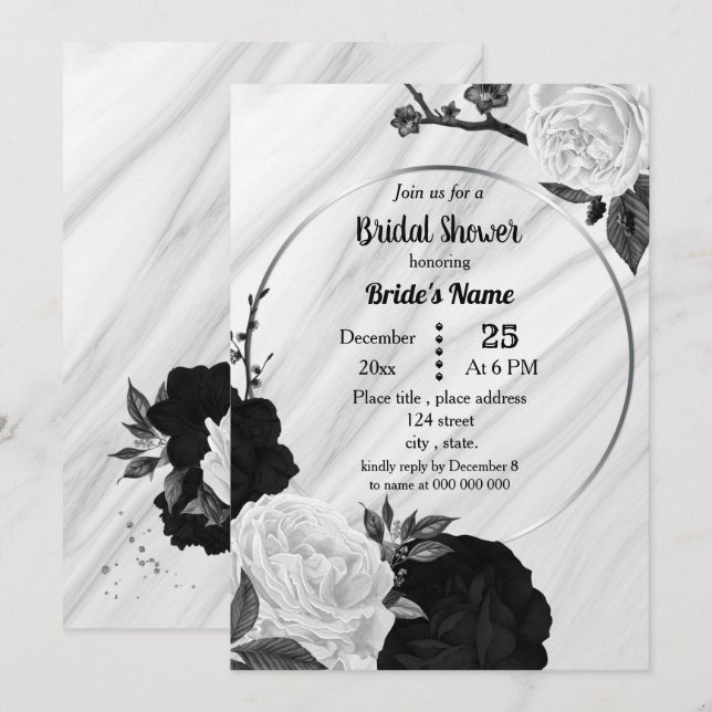 Invitation Douche de mariée géométrique florale noir et blanc (Devant / Derrière)