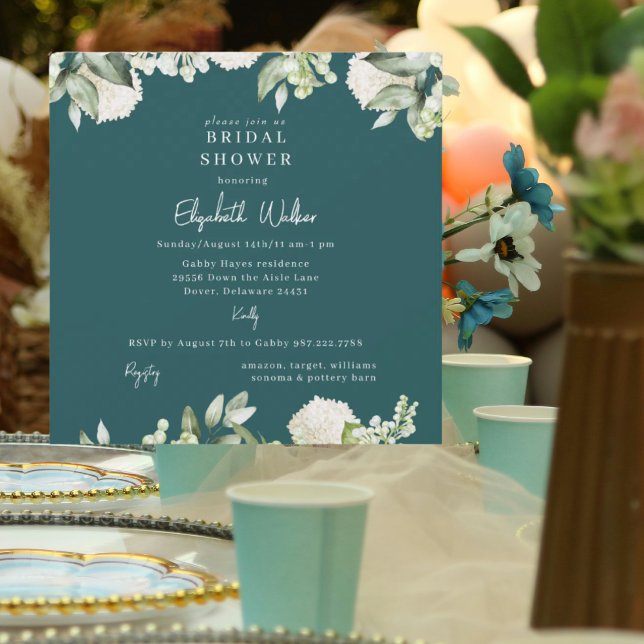 Invitation Douche de Mariée Hydrangea Blanc Bleu-vert Carré (Créateur téléchargé)