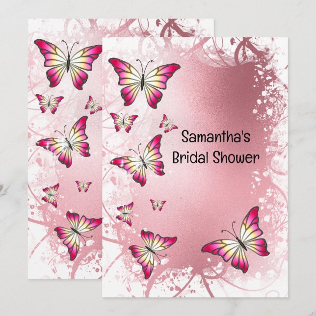 Invitation Douche de mariée papillon aquarelle rose or rose (Devant / Derrière)
