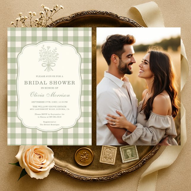 Invitation Douche de Mariée Photo Florale Gingham Vert Sauge (Créateur téléchargé)