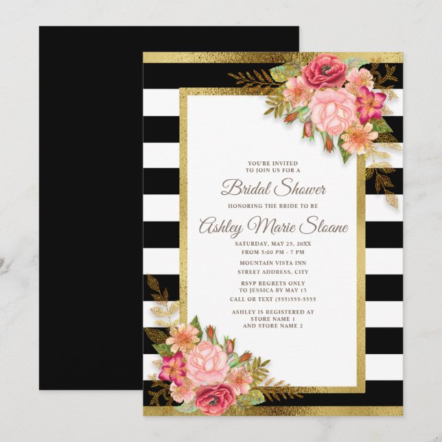 Invitation Douche de mariée rayures noires et blanches fleurs (Devant / Derrière)