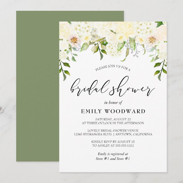 Invitation Douche de Mariée Romantique Fleurs Crème Ivoire (Devant / Derrière)