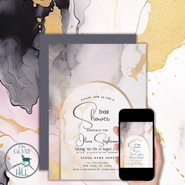 Invitation Douche de Mariée | Rose Fluide Abstraite Gris et O (Créateur téléchargé)