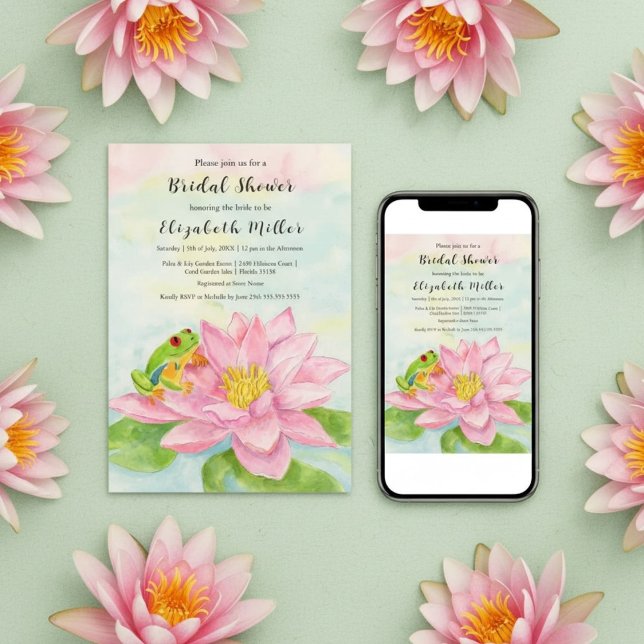 Invitation Douche de Mariée Rose Nénuphar & Grenouille Arbre (Créateur téléchargé)