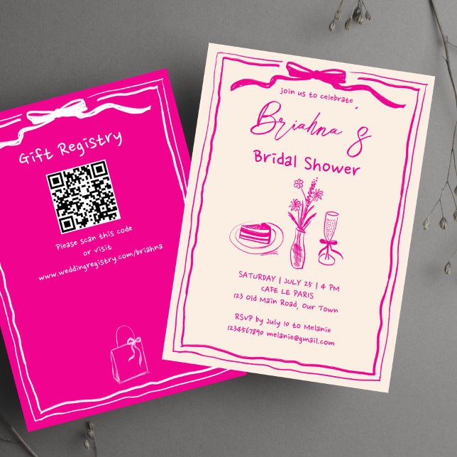Invitation Douche de mariée rose rétro griffée manuscrite (Handdrawn scribble retro pink ribbon bridal shower invitation template with qr registry digital)
