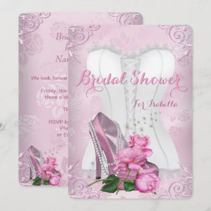 Invitation Douche de Mariée Rose Rose Talon Haut Floral Damas