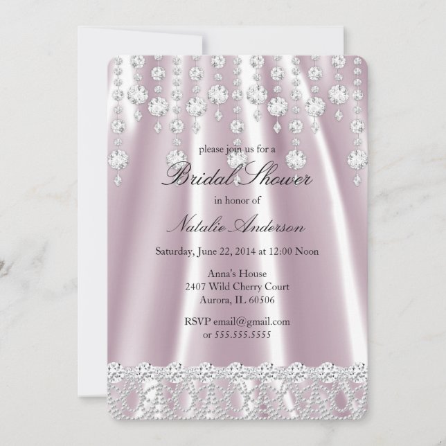 Invitation Douche de Mariée Rose Soie Diamant Cristal (Devant)