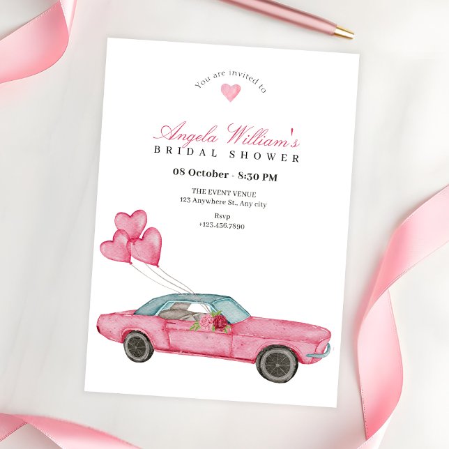 Invitation Douche de nage de voiture rose aquarelle (Créateur téléchargé)