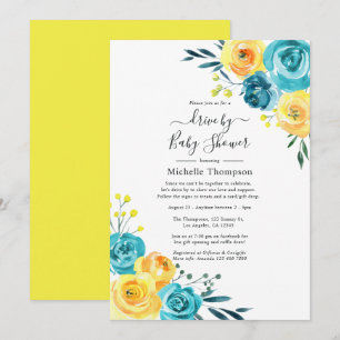 Invitation Douche de passage florale turquoise et jaune