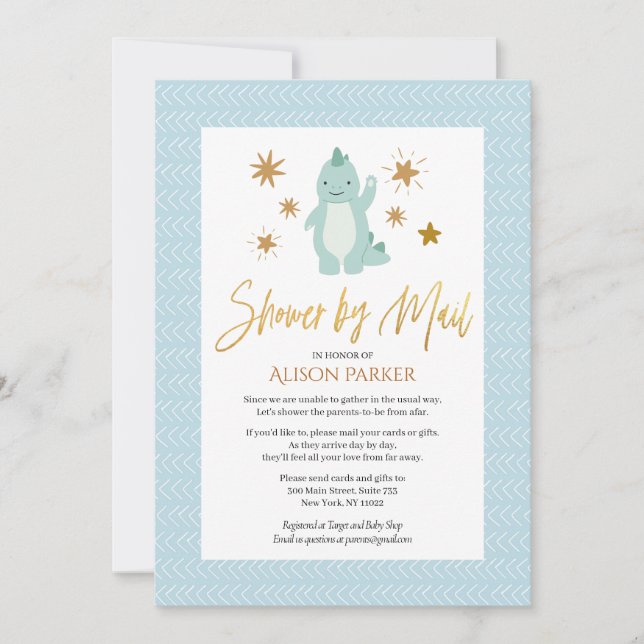 Invitation Douche De Script Or Dinosaure Bleu Cute Par Courri (Devant)