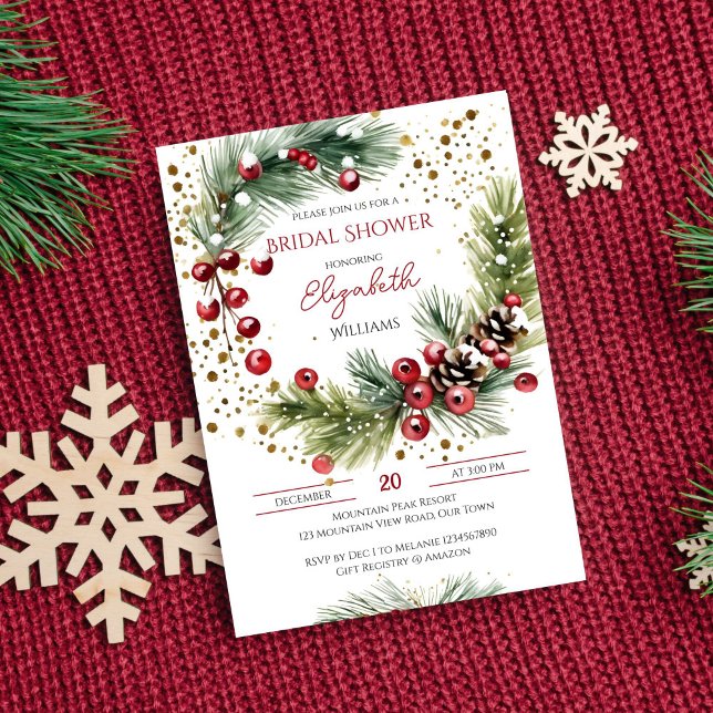 Invitation Douche d'hiver aquarelle couronne baies rouges (Winter bridal shower editable template invitation digital download watercolor pine red berry wreath)