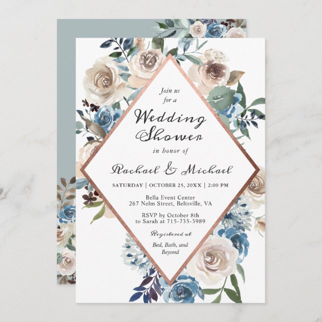 Invitation Douche Dusty Boho Floral Rose Gold Mariages Couple (Devant / Derrière)