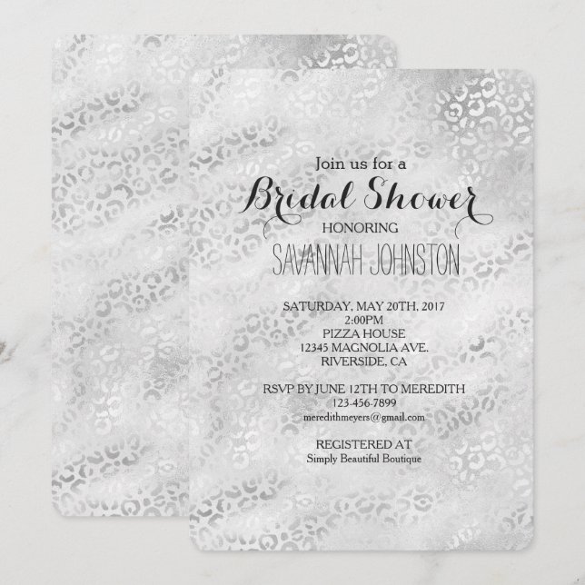 Invitation Douche Empreinte de léopard argentée (Devant / Derrière)