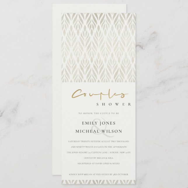 INVITATION DOUCHE EN ARGENT BLANC, ART DÉCO ET CHIC (Devant / Derrière)