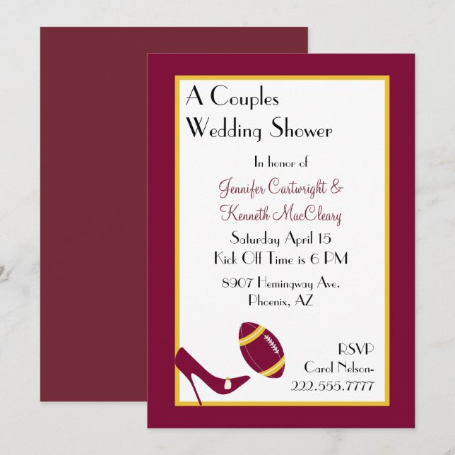 Invitation Douche en couple Maroon & Yellow Football (Devant / Derrière)