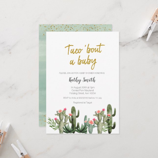 Invitation Douche en duplex Floral Cactus Watercolor (Devant/Arrière en situation)