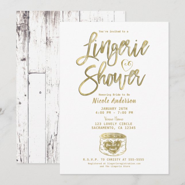 Invitation Douche en lingerie en bois blanc rustique glam or  (Devant / Derrière)
