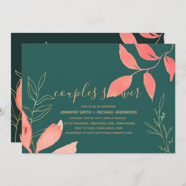 Invitation DOUCHE EN or de corail turquoise COUPLES (Devant / Derrière)