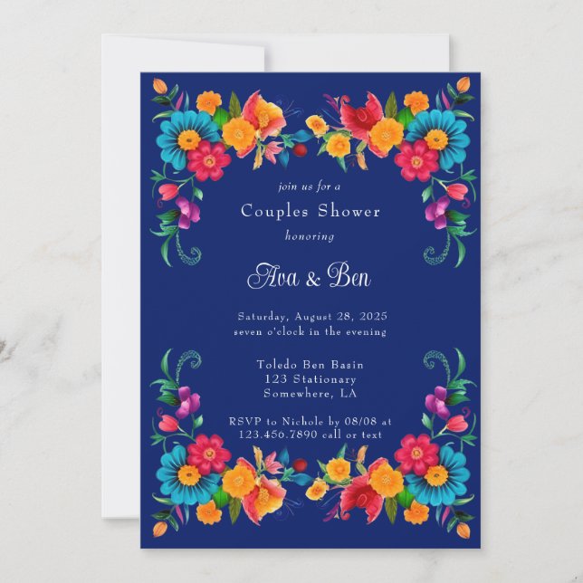 Invitation Douche Fiesta Couples Mexicaine Bleue et Colorée (Devant)