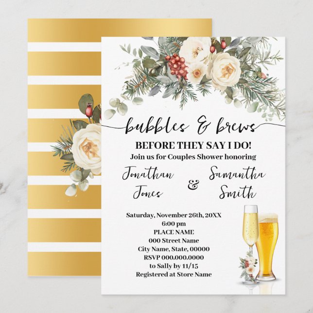 Invitation Douche Fleurs d'Hiver Bulles & Boissons (Devant / Derrière)