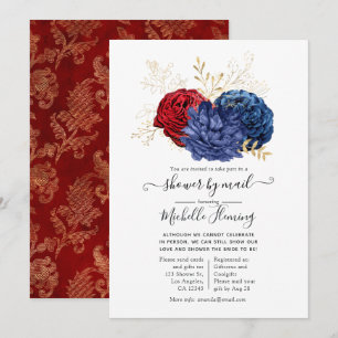 Invitation Douche florale aquarelle rouge et bleu marine par 