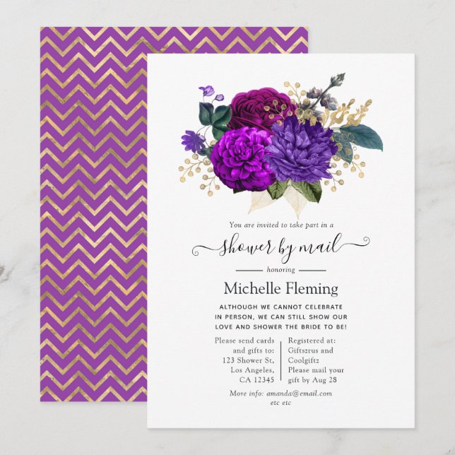 Invitation Douche Florale Royale Violette et Or par la Poste (Devant / Derrière)