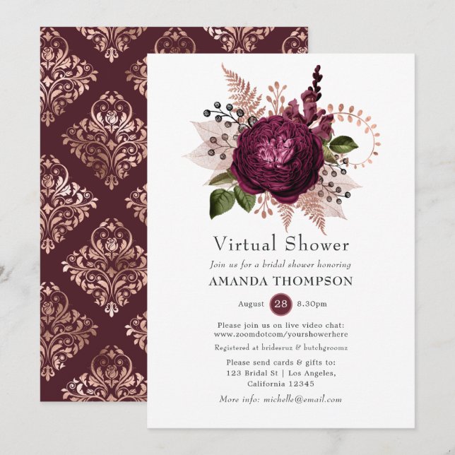 Invitation Douche Florale Virtuelle Marsala et Or Rose (Devant / Derrière)