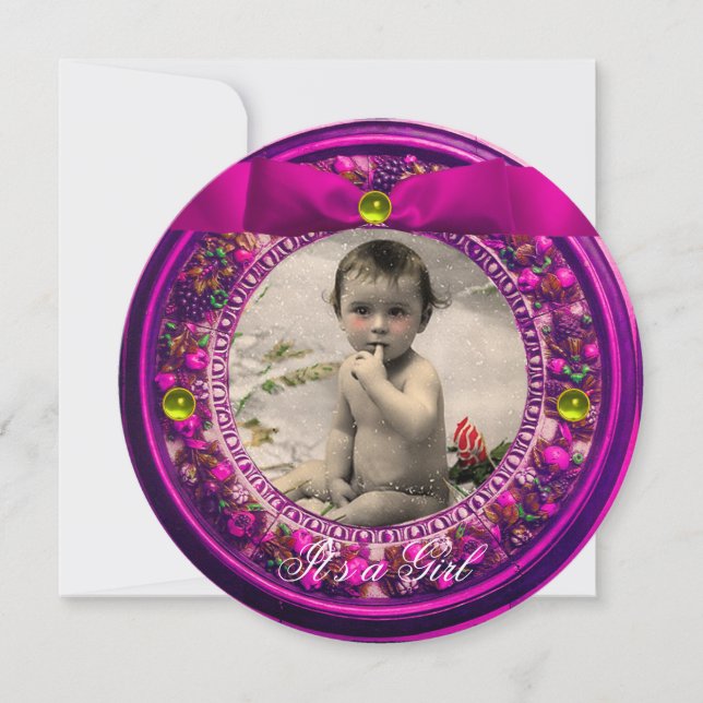 INVITATION DOUCHE FLORENTINE FRUITS ROSE RIBBON BÉBÉ FILLE (Devant)