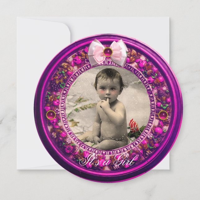 INVITATION DOUCHE FLORENTINE FRUITS ROSE RIBBON BÉBÉ FILLE (Devant)