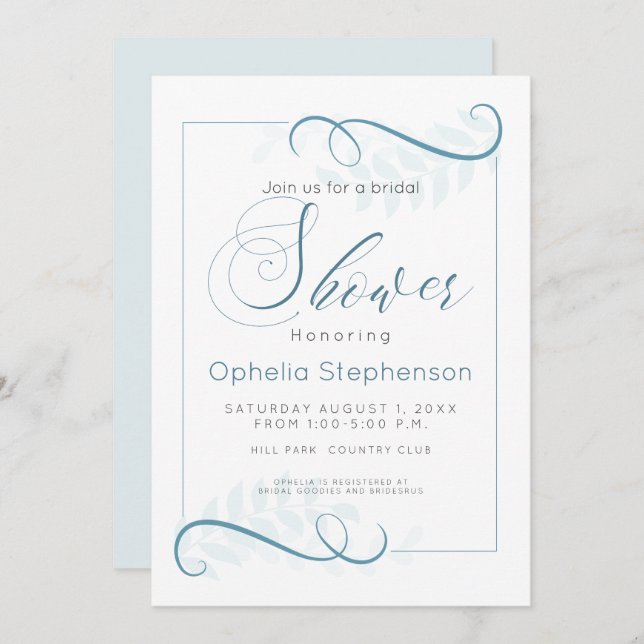 Invitation Douche Foliage moderne Fumé Bleu (Devant / Derrière)