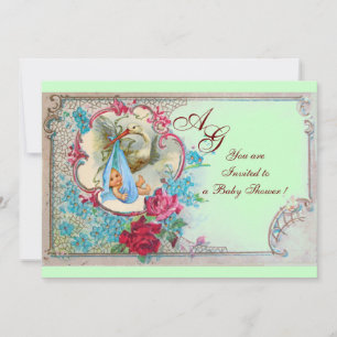 INVITATION DOUCHE GARÇON STORK BÉBÉ AVEC ROSES ET FLEURS BLEU