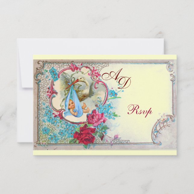 INVITATION DOUCHE GARÇON STORK BÉBÉ AVEC ROSES ET FLEURS BLEU (Devant)