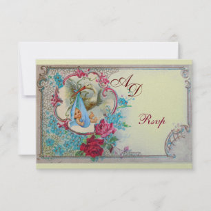 INVITATION DOUCHE GARÇON STORK BÉBÉ AVEC ROSES ET FLEURS BLEU