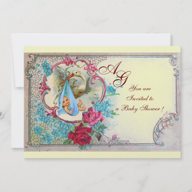 INVITATION DOUCHE GARÇON STORK BÉBÉ AVEC ROSES ET FLEURS BLEU (Devant)