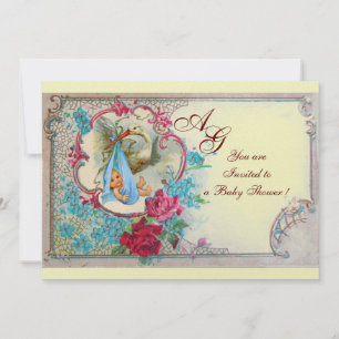 INVITATION DOUCHE GARÇON STORK BÉBÉ AVEC ROSES ET FLEURS BLEU