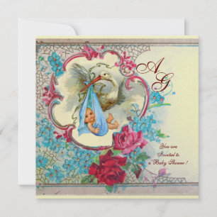 INVITATION DOUCHE GARÇON STORK BÉBÉ AVEC ROSES ET FLEURS BLEU