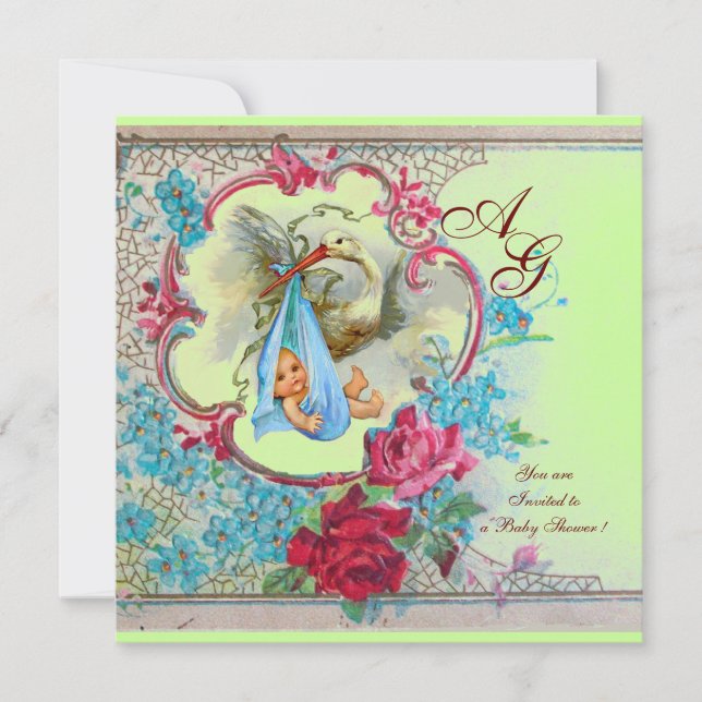 INVITATION DOUCHE GARÇON STORK BÉBÉ AVEC ROSES ET FLEURS BLEU (Devant)