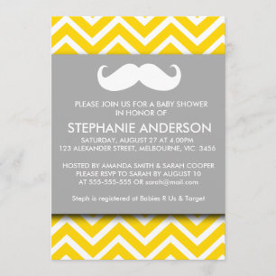 Invitation Douche grise de bébé de moustache de chevron d'or