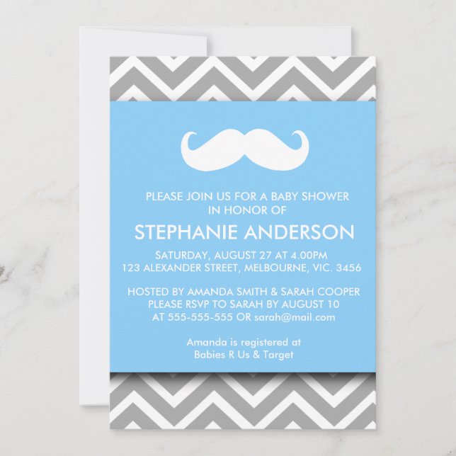 Invitation Douche grise de bébé de moustache de chevron d'or (Devant)