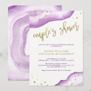 Invitation Douche Lavande d'aquarelle et couple d'oeode d'or