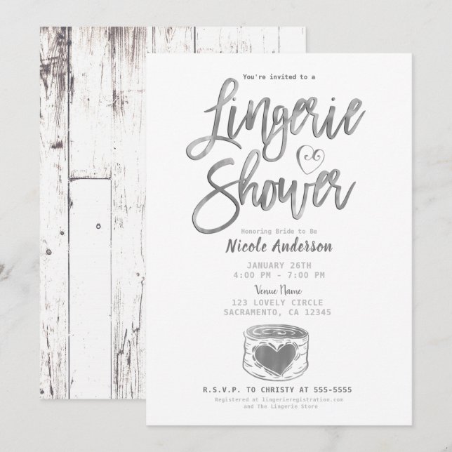 Invitation Douche lingerie argentée Glam Bois de grange rusti (Devant / Derrière)