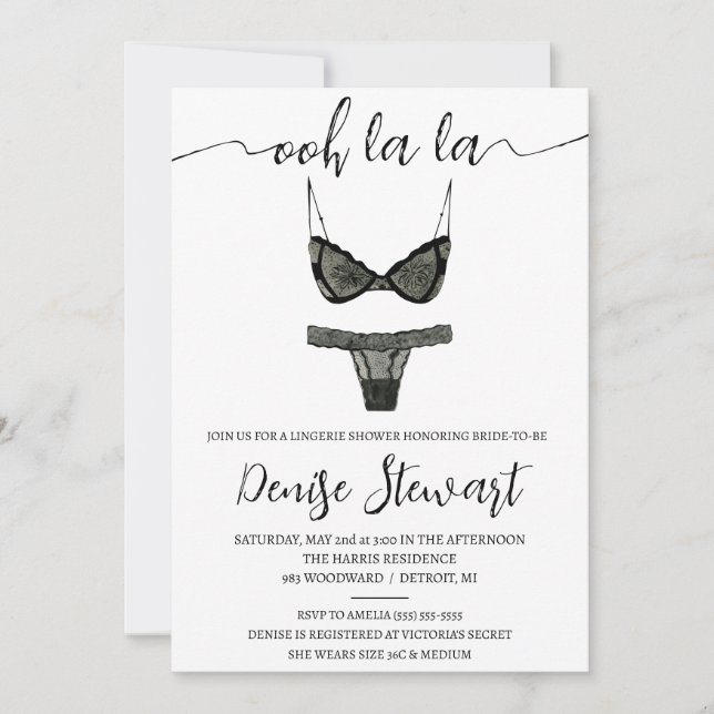 Invitation Douche Lingerie, noir et blanc, Fête des mariées (Devant)