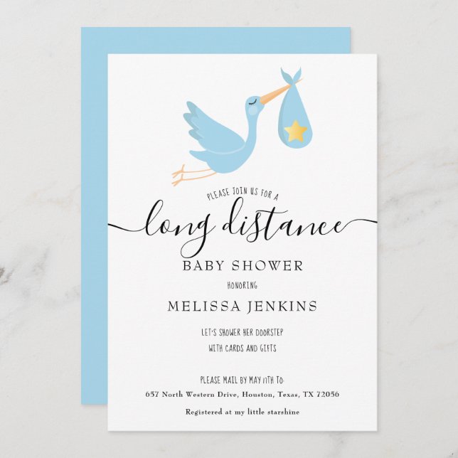 Invitation Douche Longue Distance Par Mail Blue Stork Star (Devant / Derrière)