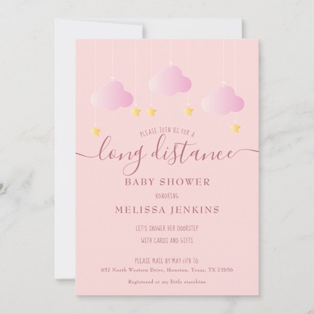 Invitation Douche Longue Distance / Saupoudrer Par Mail Rose (Devant)