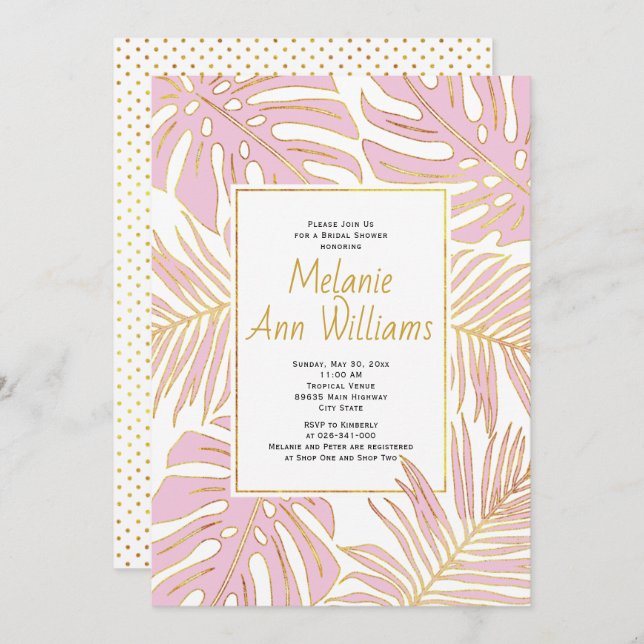 Invitation Douche mariage feuille tropicale rose (Devant / Derrière)