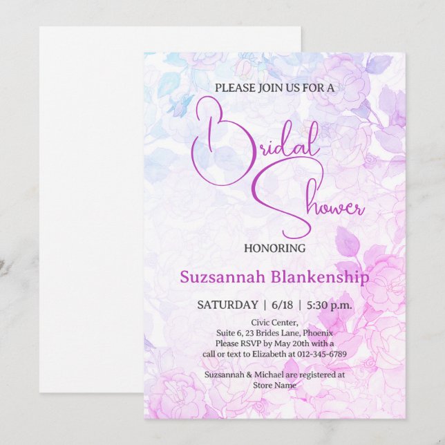 Invitation Douche Mariage Fleurie Pastel Subtile  (Devant / Derrière)