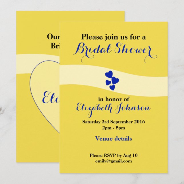 Invitation Douche mariage jaune et bleu avec le coeur (Devant / Derrière)