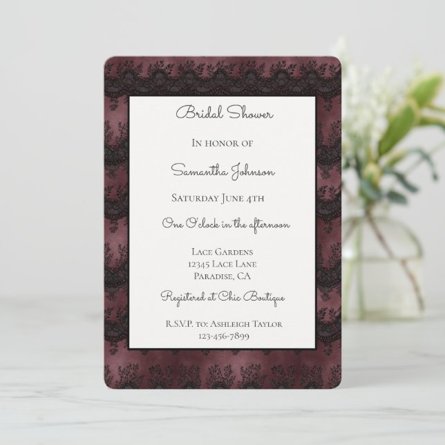 Invitation Douche Mariée Fausse Dentelle Noir Bourgogne   (Debout devant)