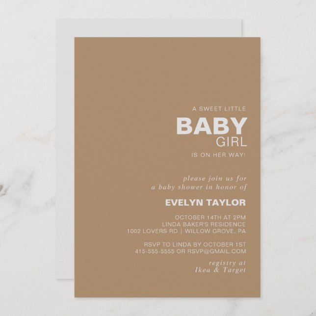 Invitation Douche minimaliste Brown pour bébé (Devant / Derrière)