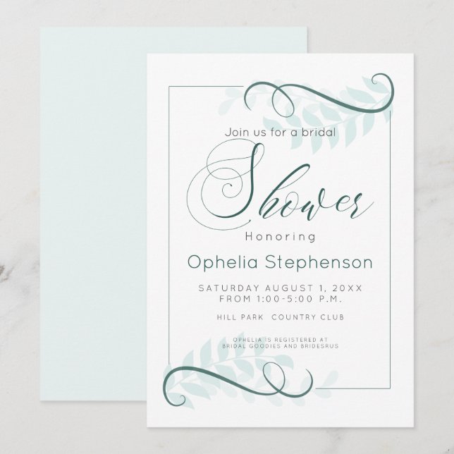 Invitation Douche moderne Mint Feuilles Accents Jade (Devant / Derrière)